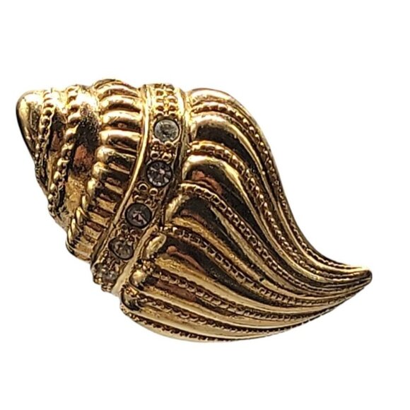 KjL Conch Shell Post Earrings Gold Tone For Avon Rhinestones Vintage 1980s - Picture 6 of 15
